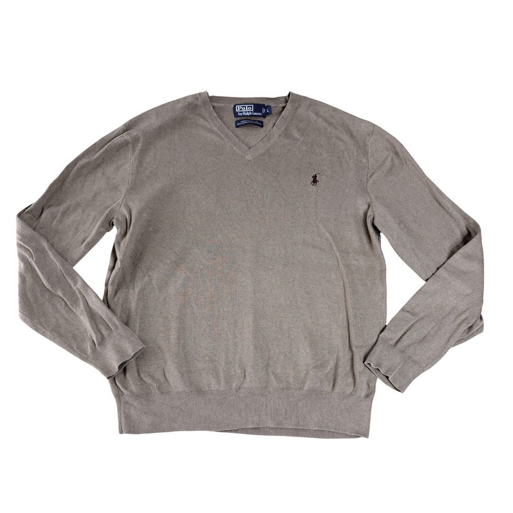 Polo Ralph Lauren V-Neck Sweater Mens Large Camel Brown Pima Cotton Knit Pony